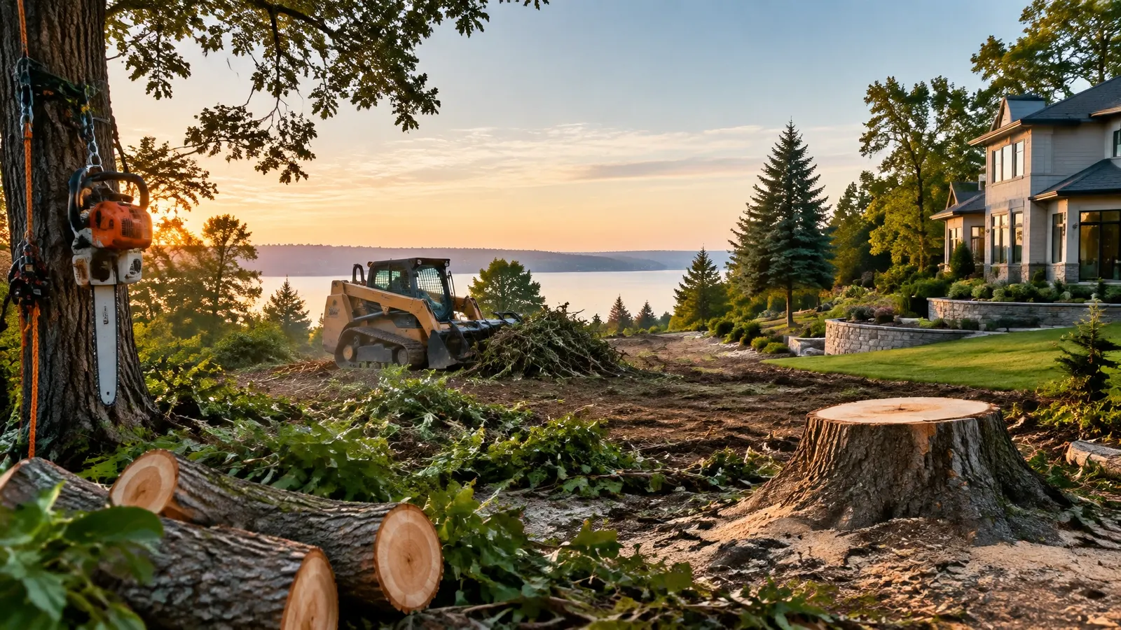 Tree work underway on a landscaped residential property at sunset